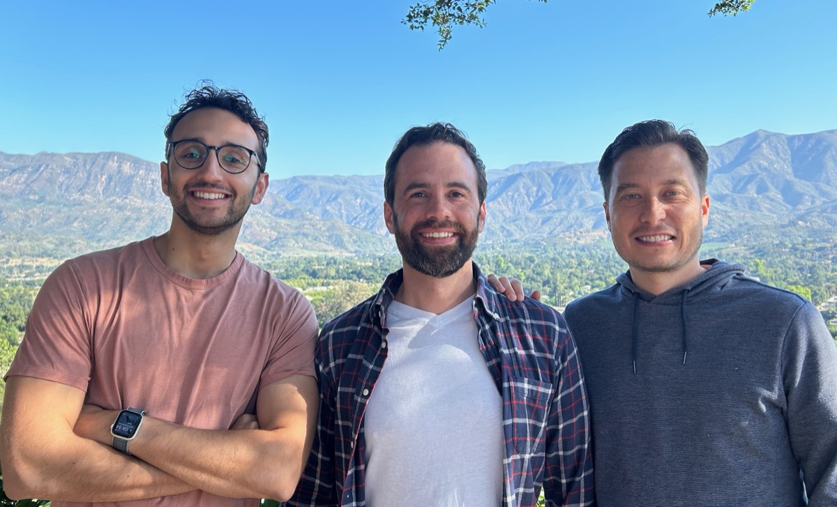 Left to right: Ali Abdaal, Billy Broas, and Tiago Forte in Ojai, California, 2023